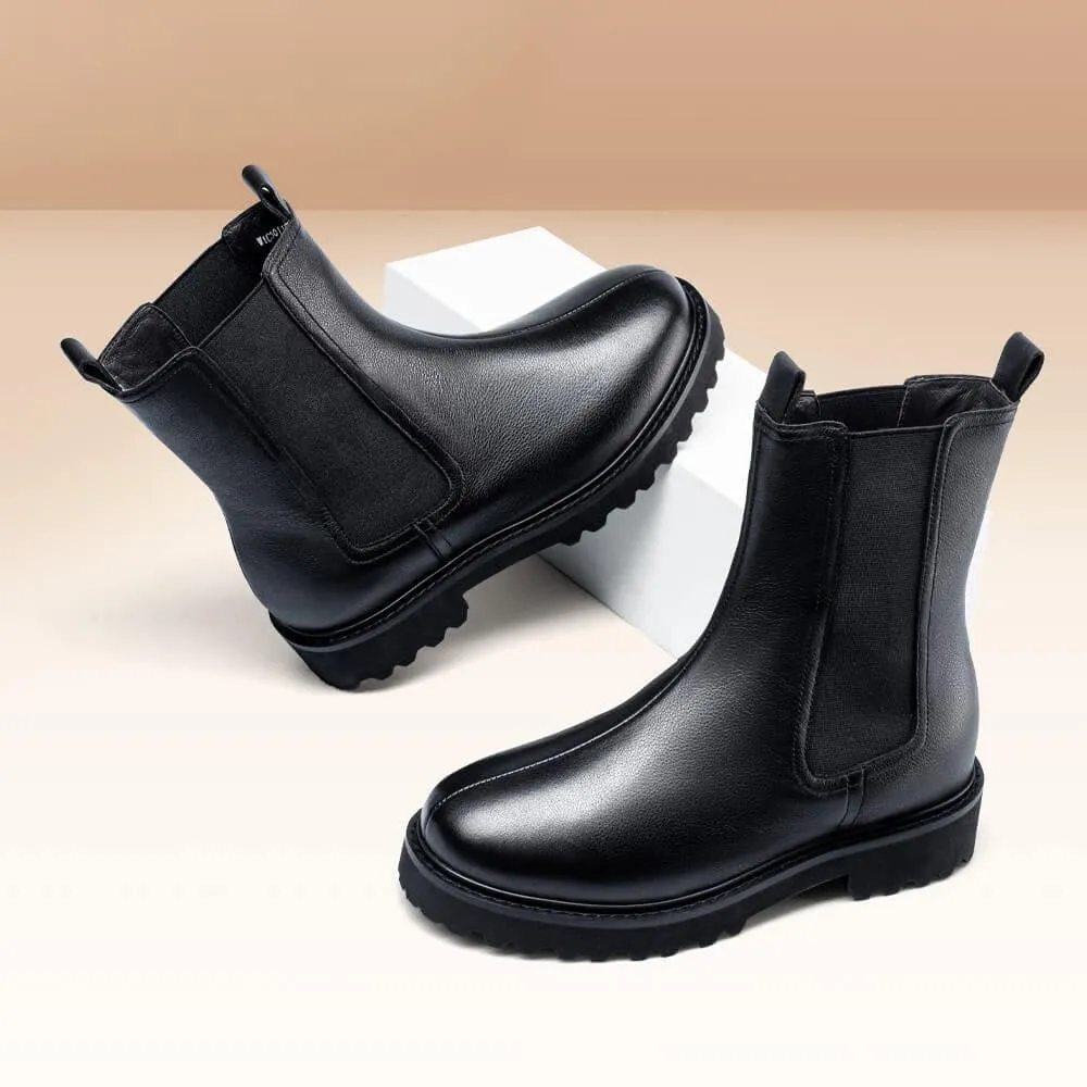 6 CM / 2.36 Inches CMR CHAMARIPA Height Increasing Shoes - Women's Black Leather Elevator Chelsea Boots