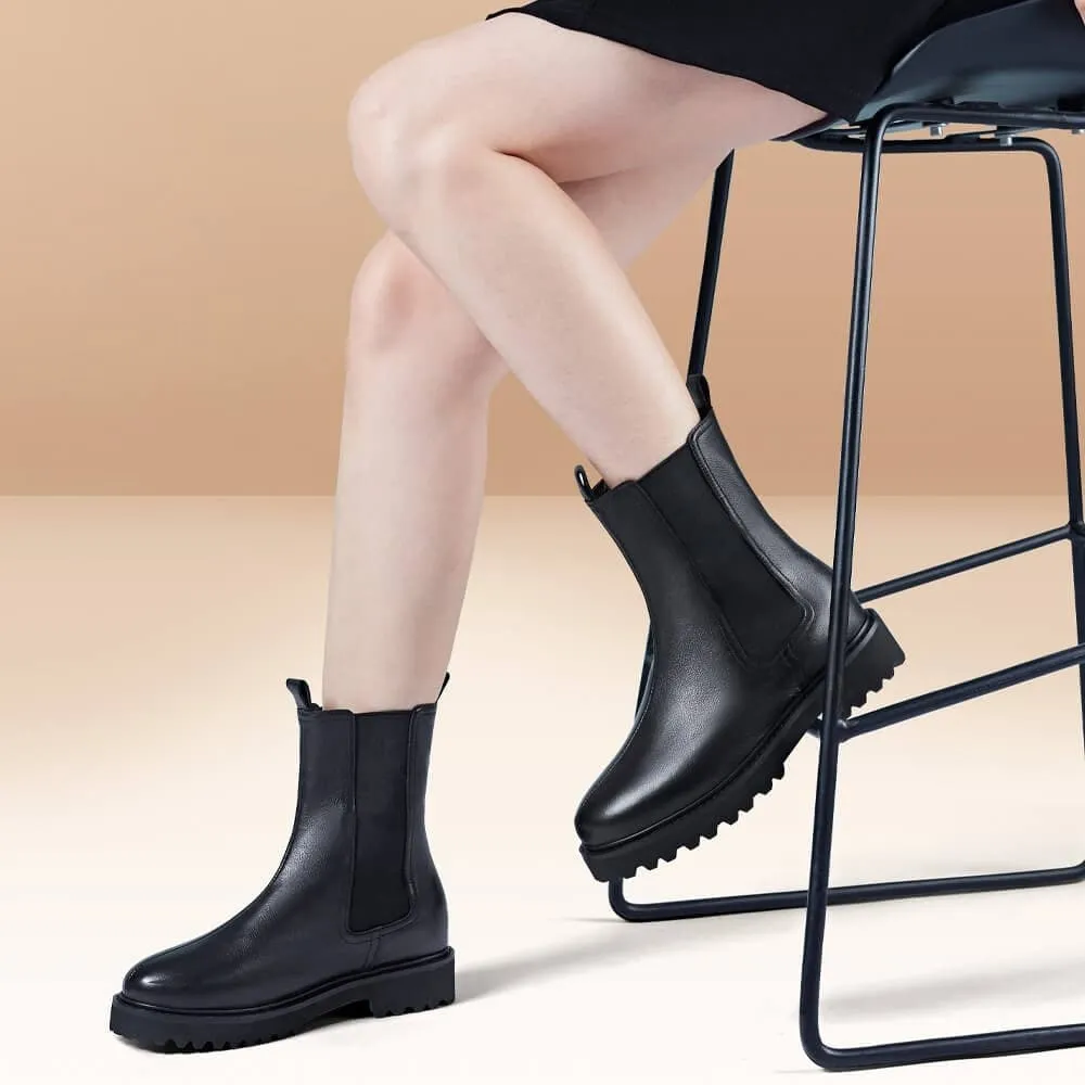 6 CM / 2.36 Inches CMR CHAMARIPA Height Increasing Shoes - Women's Black Leather Elevator Chelsea Boots