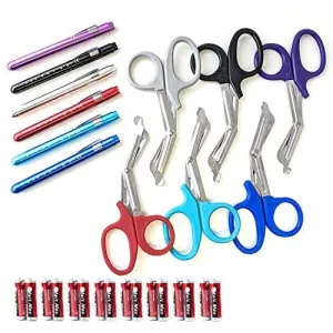 6 Reusable LED Medical Penlight with Pupil Gauge, Nursing Scissors and Penlight, Nursing Supplies Essentials - Clip on Penlight   EMT Shears   AAA Batteries