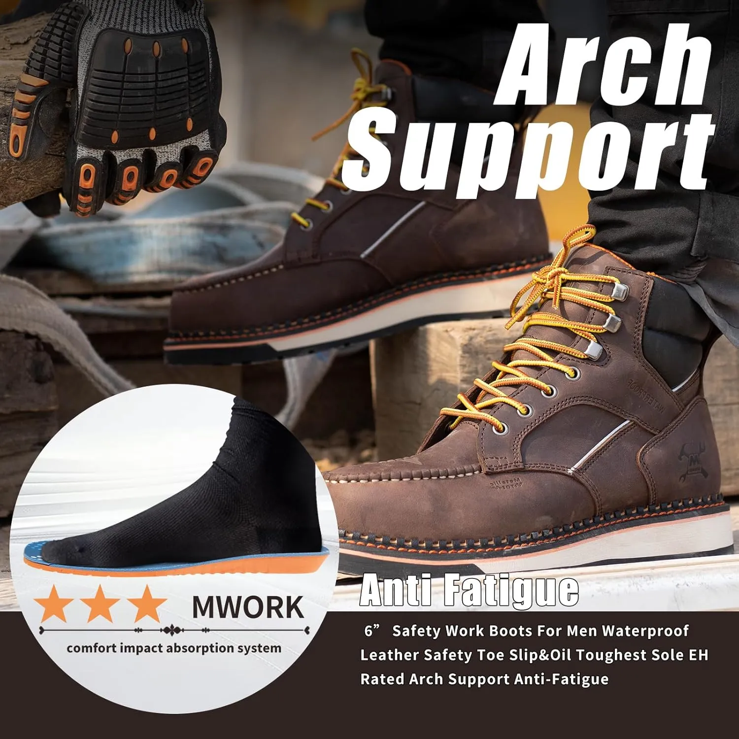 6" Moc Toe Work Boots For Men Wedge Sole Leather Waterproof ASTM F2413-18 Safety Metallic Toe EH Rated Arch Support Anti Fatigue