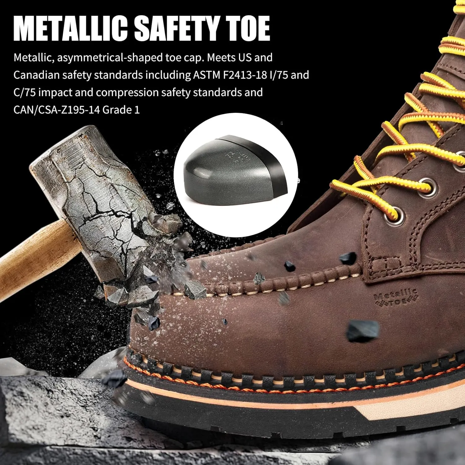 6" Moc Toe Work Boots For Men Wedge Sole Leather Waterproof ASTM F2413-18 Safety Metallic Toe EH Rated Arch Support Anti Fatigue