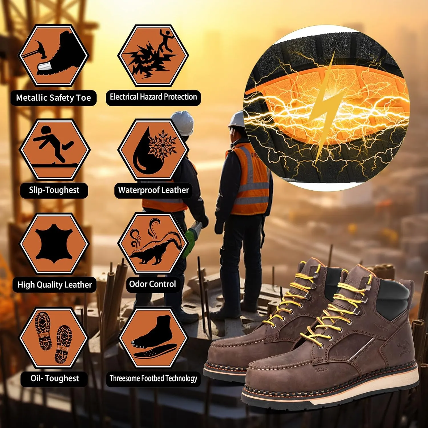 6" Moc Toe Work Boots For Men Wedge Sole Leather Waterproof ASTM F2413-18 Safety Metallic Toe EH Rated Arch Support Anti Fatigue
