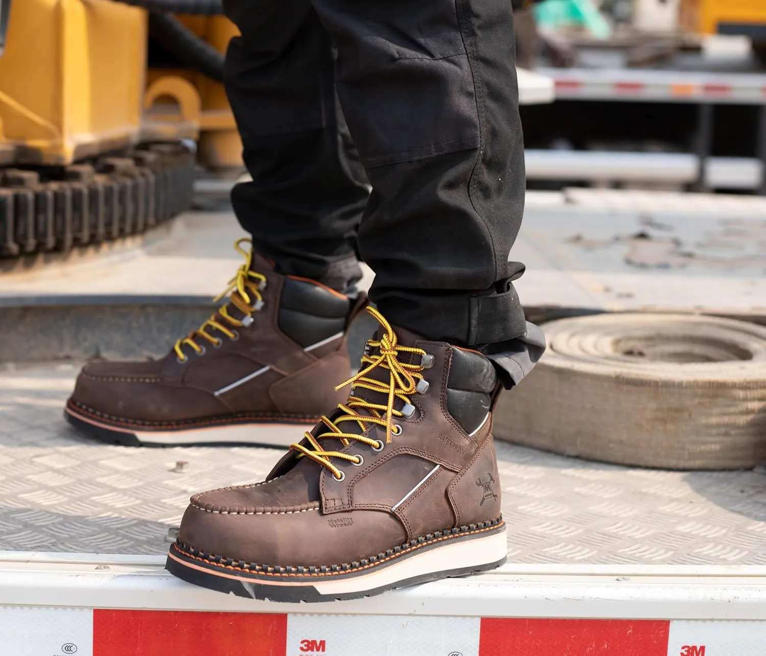 6" Moc Toe Work Boots For Men Wedge Sole Leather Waterproof ASTM F2413-18 Safety Metallic Toe EH Rated Arch Support Anti Fatigue