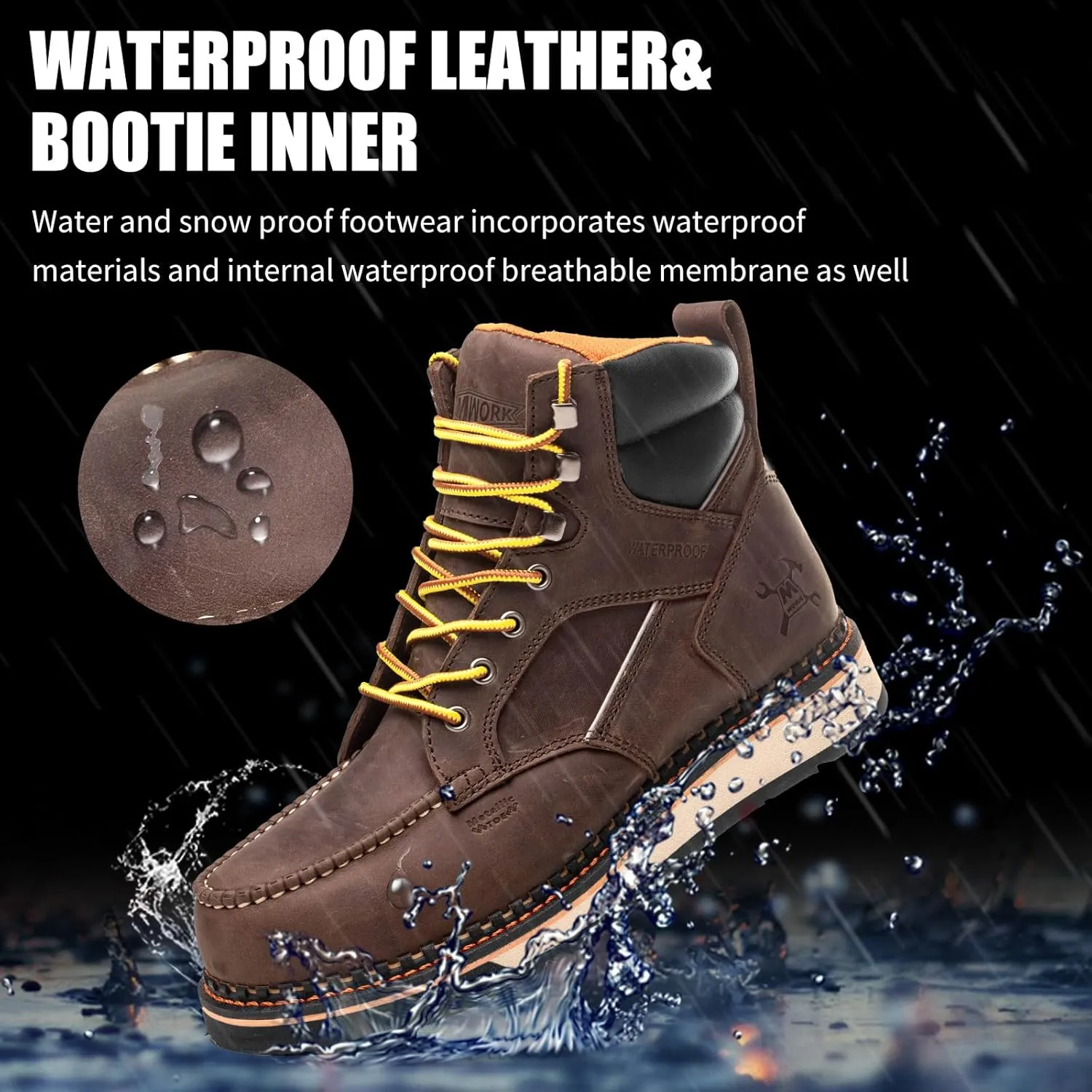 6" Moc Toe Work Boots For Men Wedge Sole Leather Waterproof ASTM F2413-18 Safety Metallic Toe EH Rated Arch Support Anti Fatigue