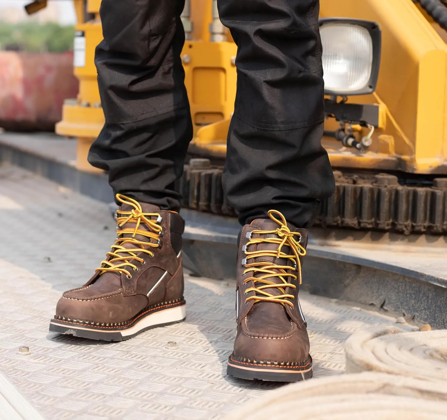 6" Moc Toe Work Boots For Men Wedge Sole Leather Waterproof ASTM F2413-18 Safety Metallic Toe EH Rated Arch Support Anti Fatigue