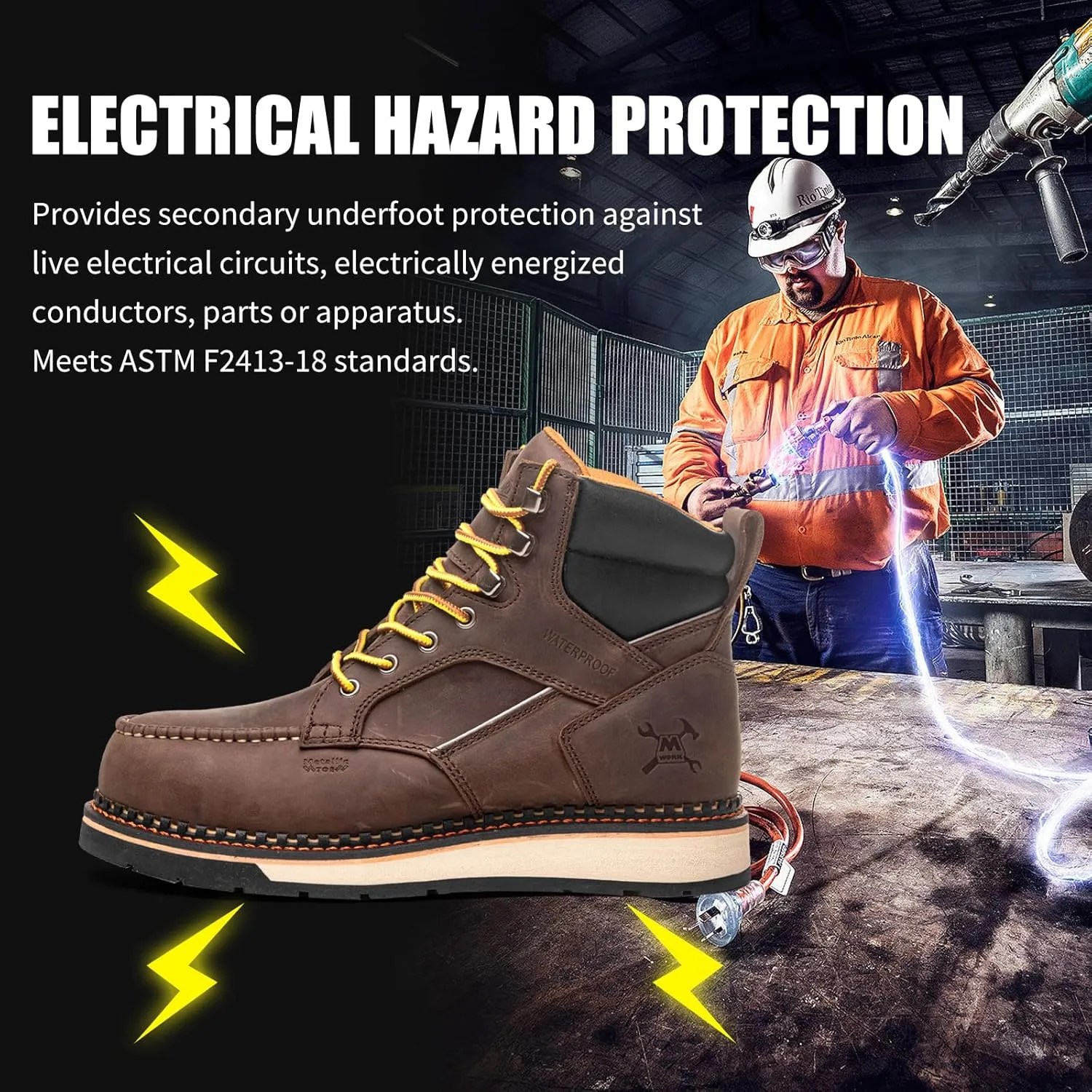 6" Moc Toe Work Boots For Men Wedge Sole Leather Waterproof ASTM F2413-18 Safety Metallic Toe EH Rated Arch Support Anti Fatigue