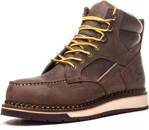 6" Moc Toe Work Boots For Men Wedge Sole Leather Waterproof ASTM F2413-18 Safety Metallic Toe EH Rated Arch Support Anti Fatigue