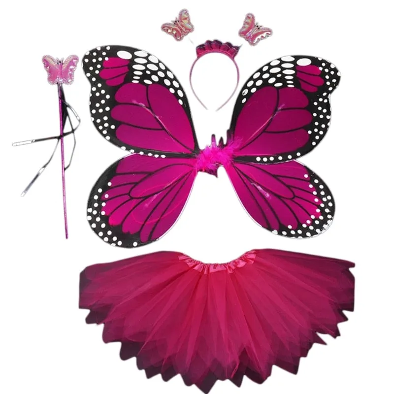 Adult Kids 4Pcs Fairy Costume Set LED Simulation Butterfly Wings Pointed Tutu Skirt Headband Wand Princess Girls Party Dress Up