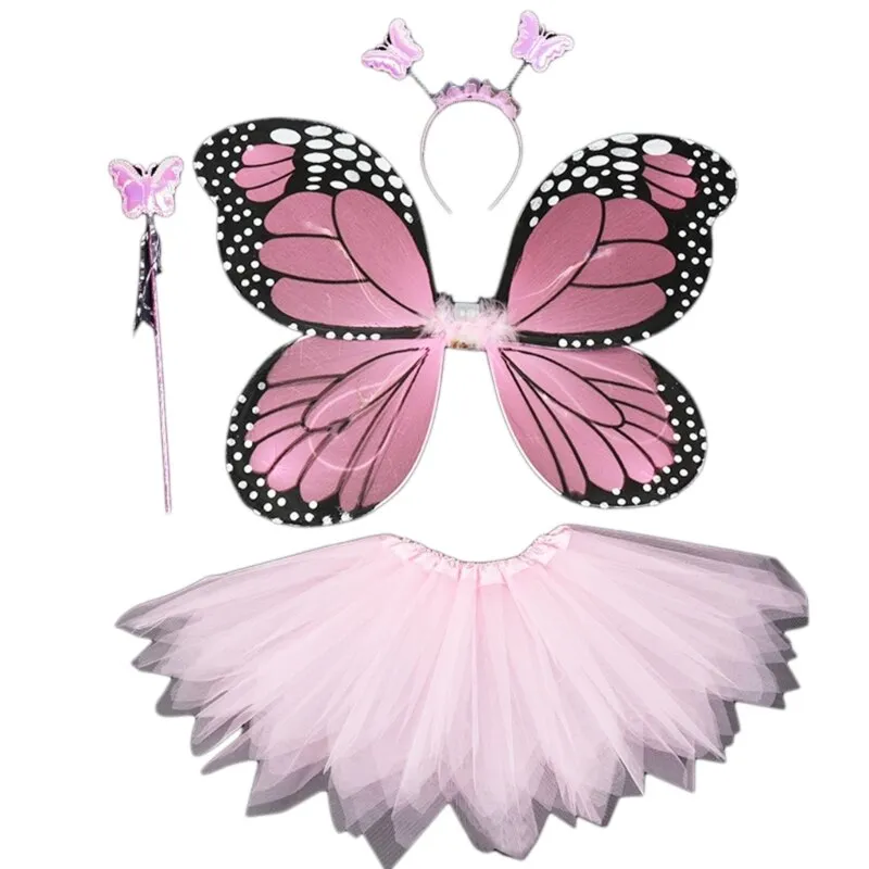 Adult Kids 4Pcs Fairy Costume Set LED Simulation Butterfly Wings Pointed Tutu Skirt Headband Wand Princess Girls Party Dress Up