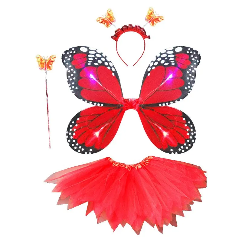 Adult Kids 4Pcs Fairy Costume Set LED Simulation Butterfly Wings Pointed Tutu Skirt Headband Wand Princess Girls Party Dress Up