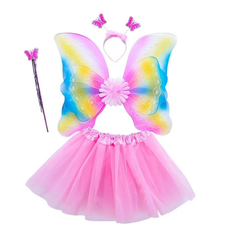 Adult Kids 4Pcs Fairy Costume Set LED Simulation Butterfly Wings Pointed Tutu Skirt Headband Wand Princess Girls Party Dress Up