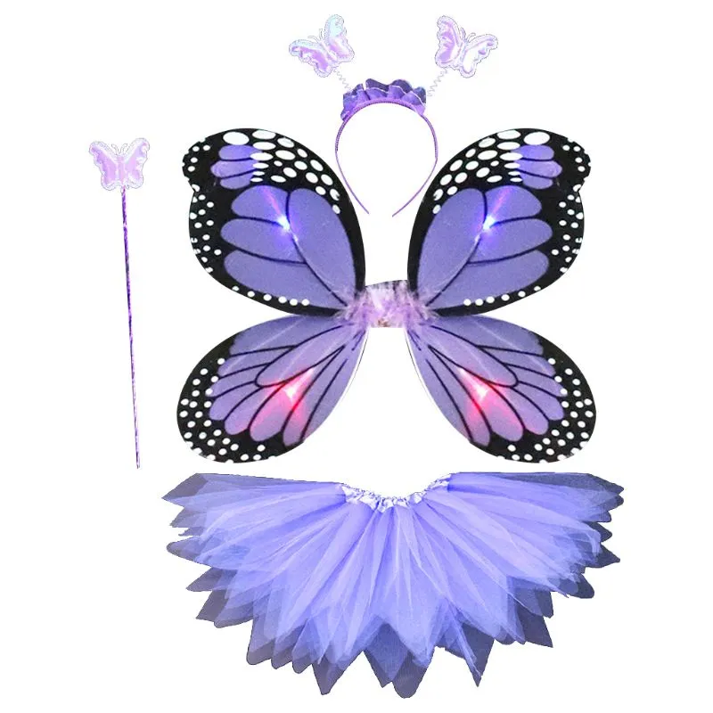 Adult Kids 4Pcs Fairy Costume Set LED Simulation Butterfly Wings Pointed Tutu Skirt Headband Wand Princess Girls Party Dress Up