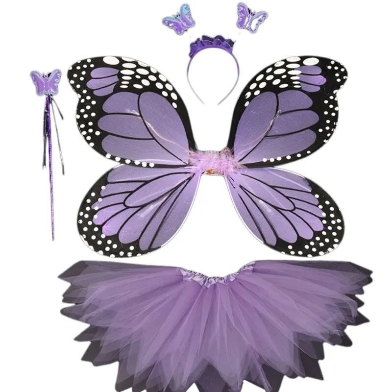 Adult Kids 4Pcs Fairy Costume Set LED Simulation Butterfly Wings Pointed Tutu Skirt Headband Wand Princess Girls Party Dress Up