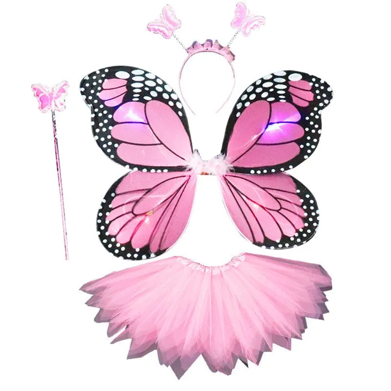 Adult Kids 4Pcs Fairy Costume Set LED Simulation Butterfly Wings Pointed Tutu Skirt Headband Wand Princess Girls Party Dress Up