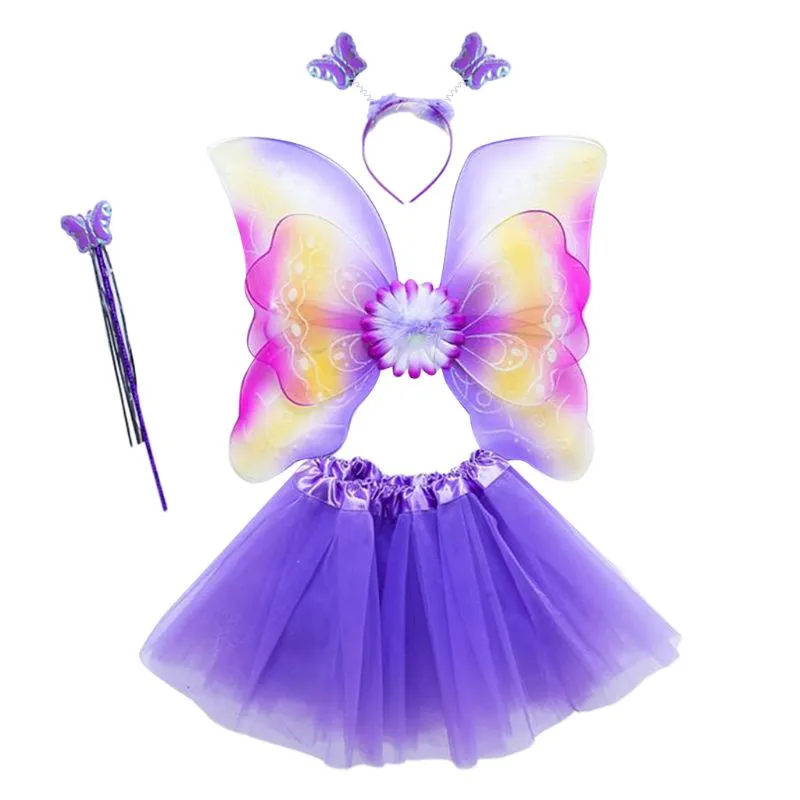 Adult Kids 4Pcs Fairy Costume Set LED Simulation Butterfly Wings Pointed Tutu Skirt Headband Wand Princess Girls Party Dress Up