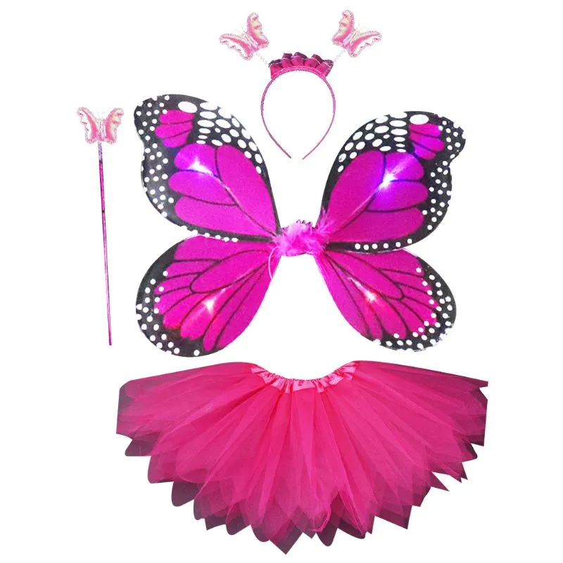 Adult Kids 4Pcs Fairy Costume Set LED Simulation Butterfly Wings Pointed Tutu Skirt Headband Wand Princess Girls Party Dress Up