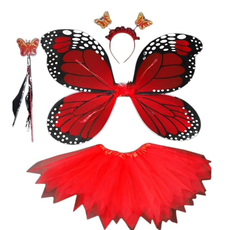 Adult Kids 4Pcs Fairy Costume Set LED Simulation Butterfly Wings Pointed Tutu Skirt Headband Wand Princess Girls Party Dress Up