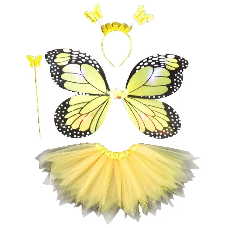 Adult Kids 4Pcs Fairy Costume Set LED Simulation Butterfly Wings Pointed Tutu Skirt Headband Wand Princess Girls Party Dress Up