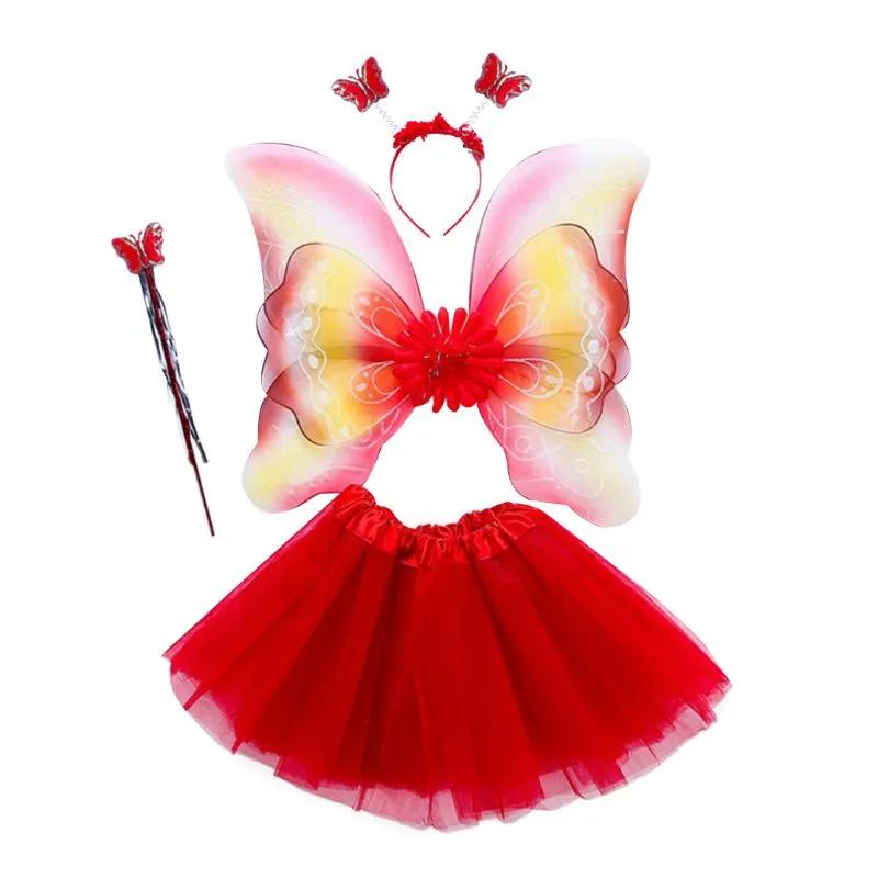 Adult Kids 4Pcs Fairy Costume Set LED Simulation Butterfly Wings Pointed Tutu Skirt Headband Wand Princess Girls Party Dress Up