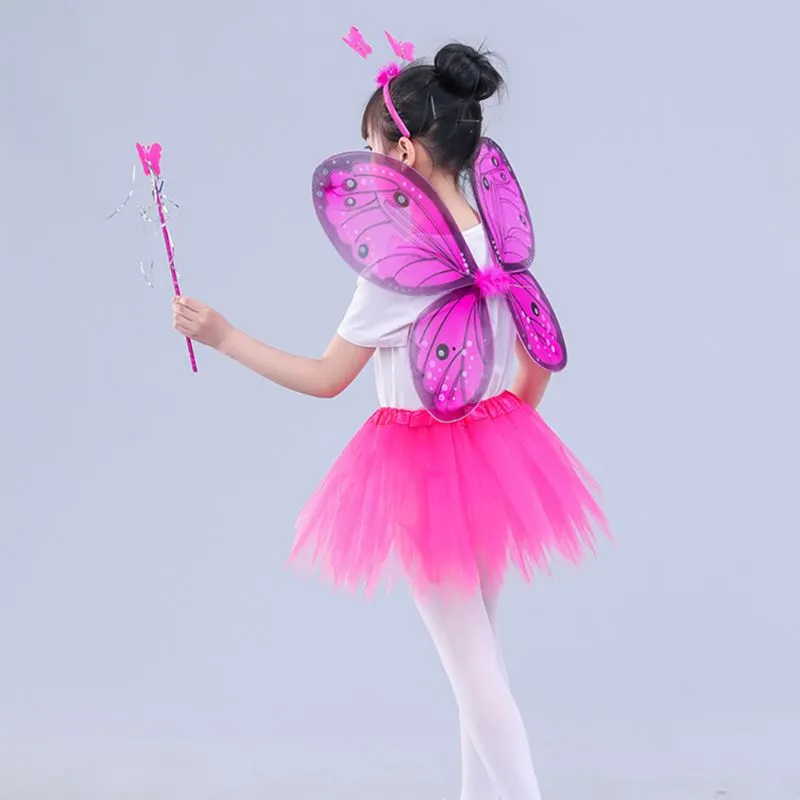 Adult Kids 4Pcs Fairy Costume Set LED Simulation Butterfly Wings Pointed Tutu Skirt Headband Wand Princess Girls Party Dress Up