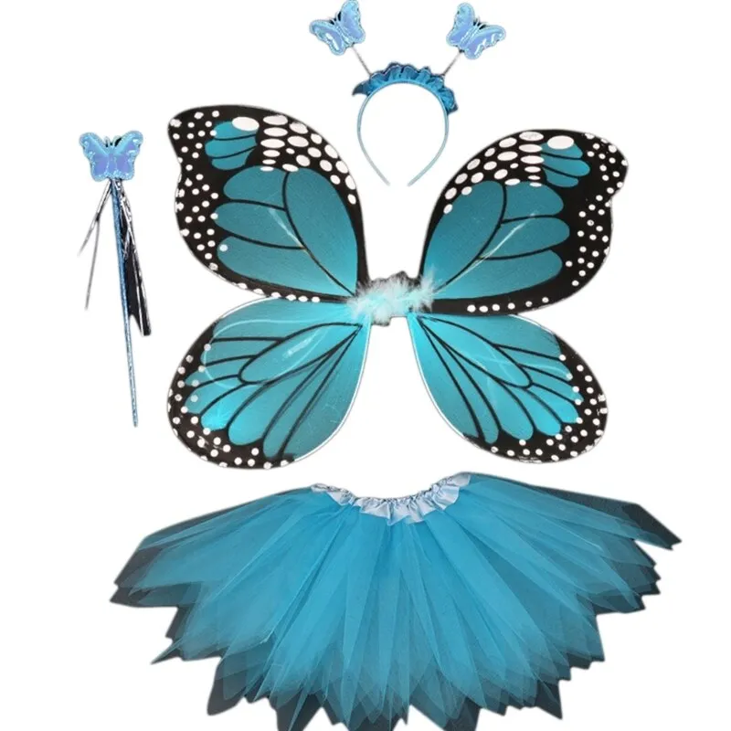 Adult Kids 4Pcs Fairy Costume Set LED Simulation Butterfly Wings Pointed Tutu Skirt Headband Wand Princess Girls Party Dress Up