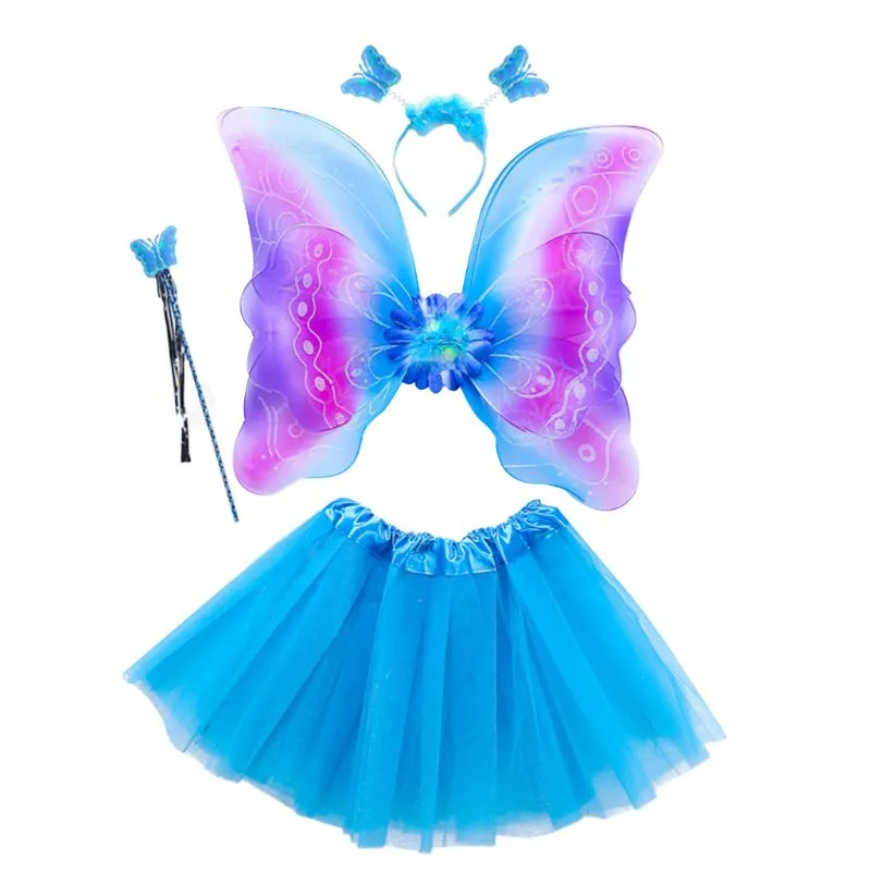 Adult Kids 4Pcs Fairy Costume Set LED Simulation Butterfly Wings Pointed Tutu Skirt Headband Wand Princess Girls Party Dress Up
