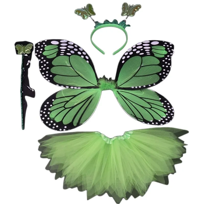 Adult Kids 4Pcs Fairy Costume Set LED Simulation Butterfly Wings Pointed Tutu Skirt Headband Wand Princess Girls Party Dress Up