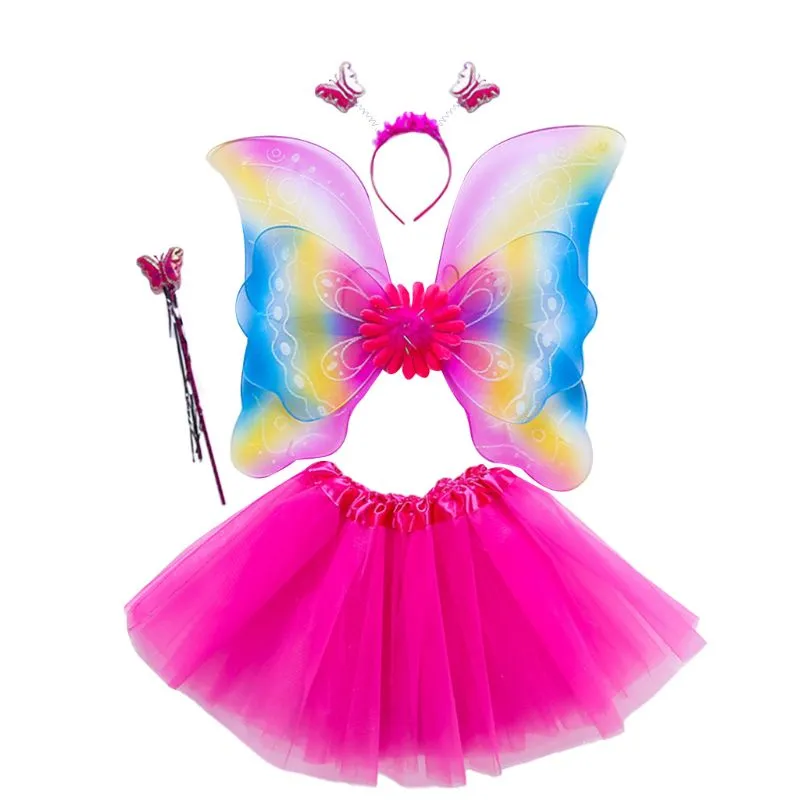Adult Kids 4Pcs Fairy Costume Set LED Simulation Butterfly Wings Pointed Tutu Skirt Headband Wand Princess Girls Party Dress Up