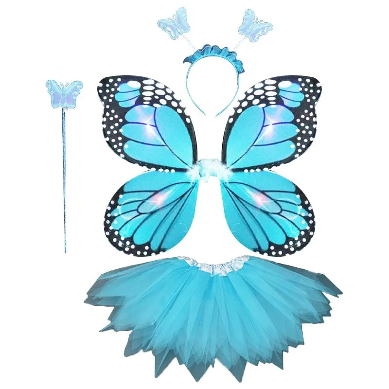 Adult Kids 4Pcs Fairy Costume Set LED Simulation Butterfly Wings Pointed Tutu Skirt Headband Wand Princess Girls Party Dress Up