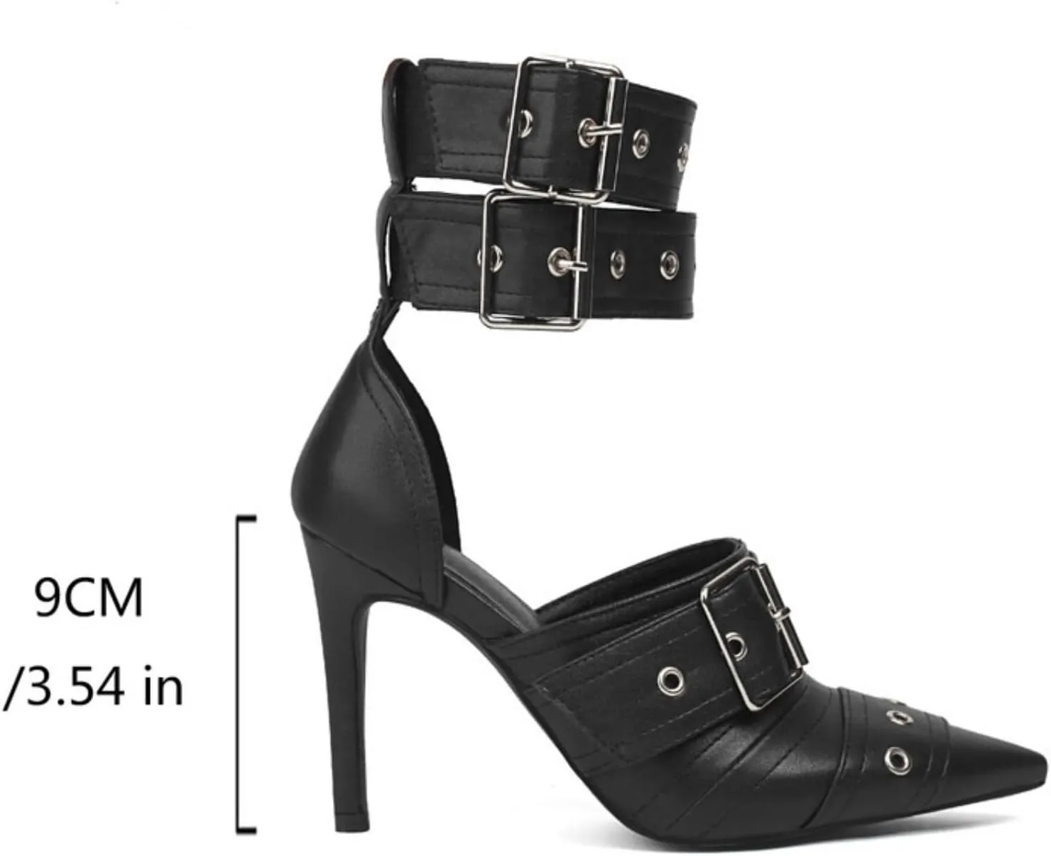 Aflngle Women Closed Pointed Toe Stilettos High Heel Pumps Sexy Double Ankle Strap Buckle Metal Eyelet Wedding Evening Party Dress Sandal Shoes