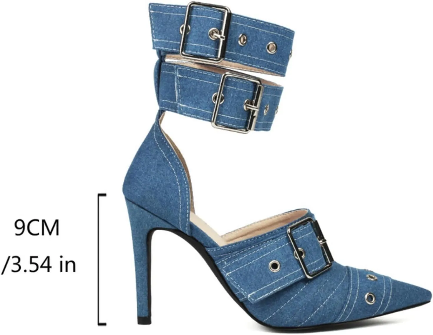 Aflngle Women Closed Pointed Toe Stilettos High Heel Pumps Sexy Double Ankle Strap Buckle Metal Eyelet Wedding Evening Party Dress Sandal Shoes