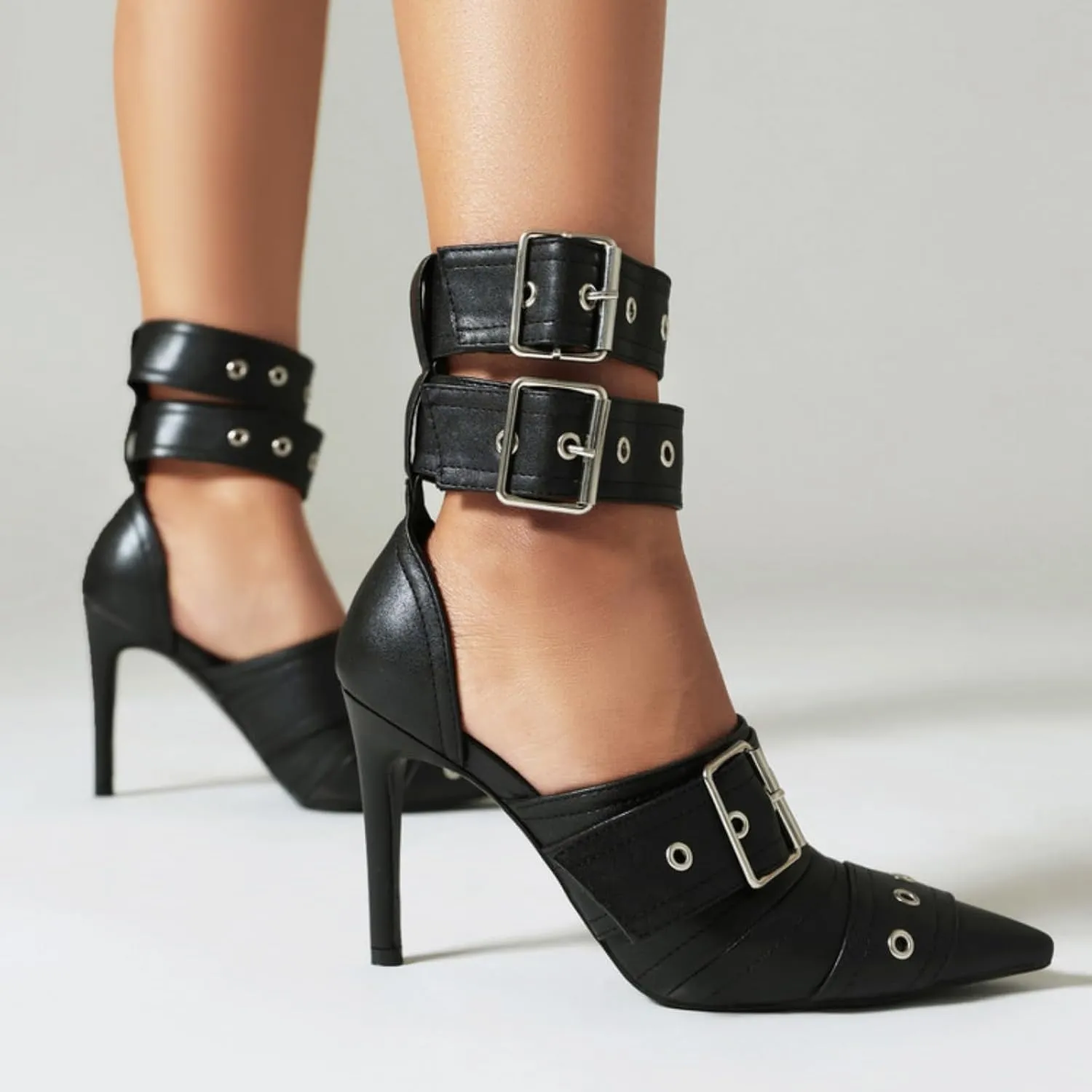 Aflngle Women Closed Pointed Toe Stilettos High Heel Pumps Sexy Double Ankle Strap Buckle Metal Eyelet Wedding Evening Party Dress Sandal Shoes