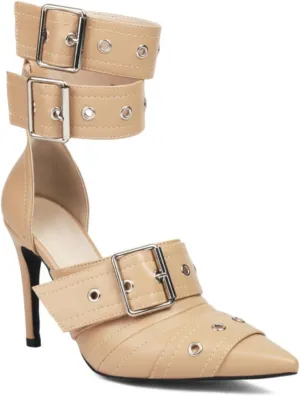 Aflngle Women Closed Pointed Toe Stilettos High Heel Pumps Sexy Double Ankle Strap Buckle Metal Eyelet Wedding Evening Party Dress Sandal Shoes