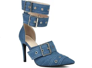 Aflngle Women Closed Pointed Toe Stilettos High Heel Pumps Sexy Double Ankle Strap Buckle Metal Eyelet Wedding Evening Party Dress Sandal Shoes