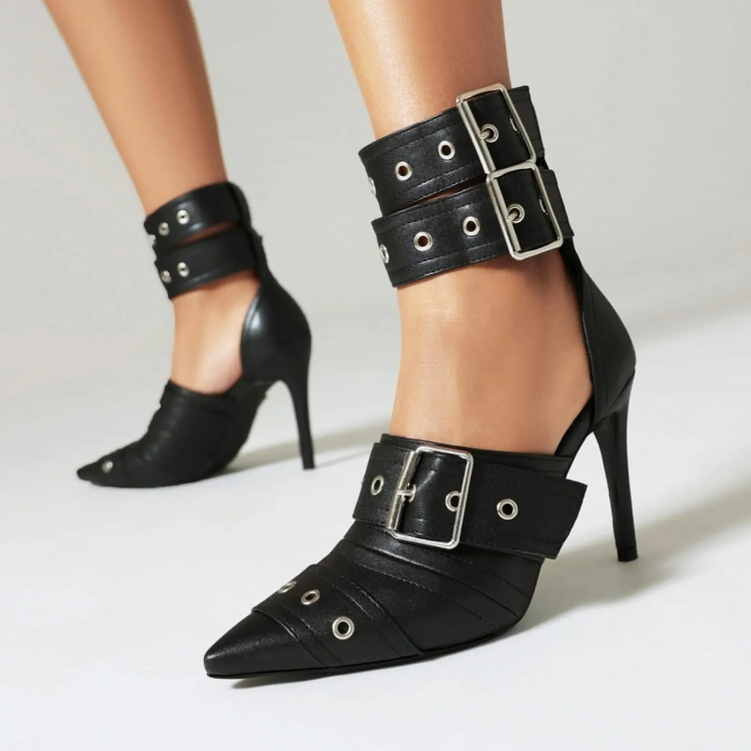 Aflngle Women Closed Pointed Toe Stilettos High Heel Pumps Sexy Double Ankle Strap Buckle Metal Eyelet Wedding Evening Party Dress Sandal Shoes