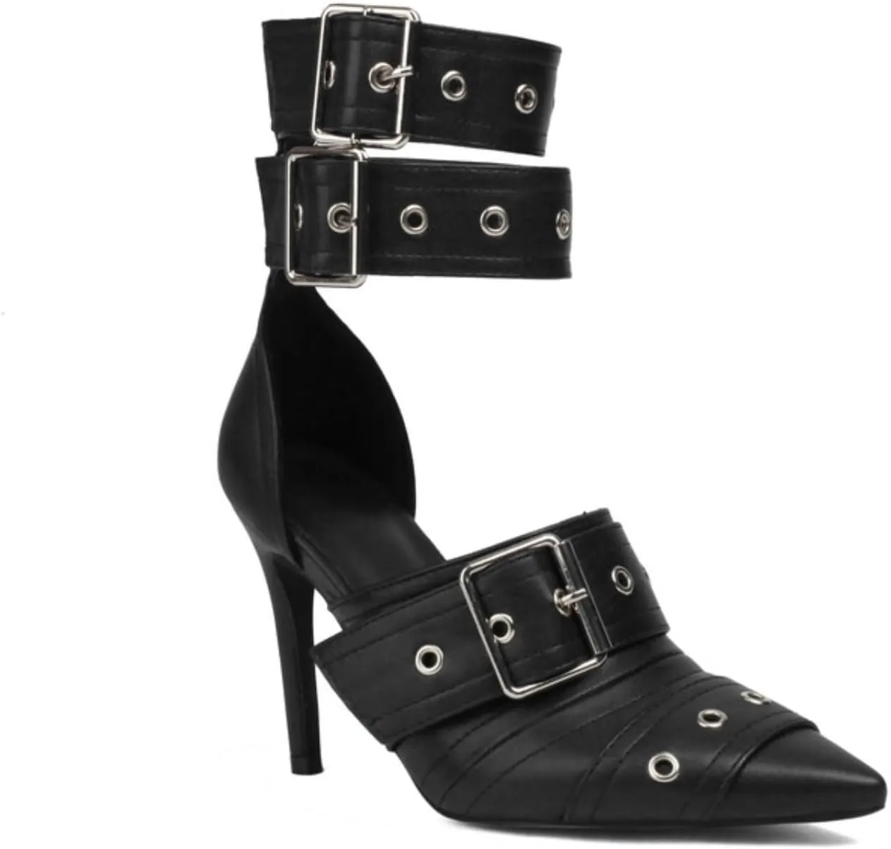 Aflngle Women Closed Pointed Toe Stilettos High Heel Pumps Sexy Double Ankle Strap Buckle Metal Eyelet Wedding Evening Party Dress Sandal Shoes
