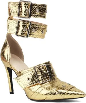 Aflngle Women Closed Pointed Toe Stilettos High Heel Pumps Sexy Double Ankle Strap Buckle Metal Eyelet Wedding Evening Party Dress Sandal Shoes