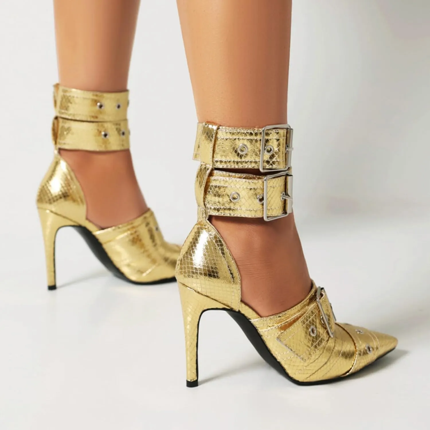 Aflngle Women Closed Pointed Toe Stilettos High Heel Pumps Sexy Double Ankle Strap Buckle Metal Eyelet Wedding Evening Party Dress Sandal Shoes