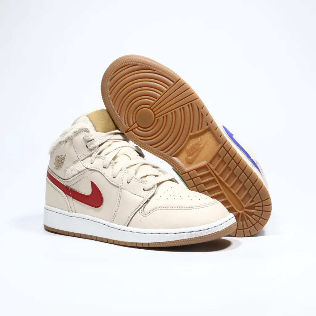 Air Jordan 1 Mid Utility Sneakers Leather Beige Color For Kids