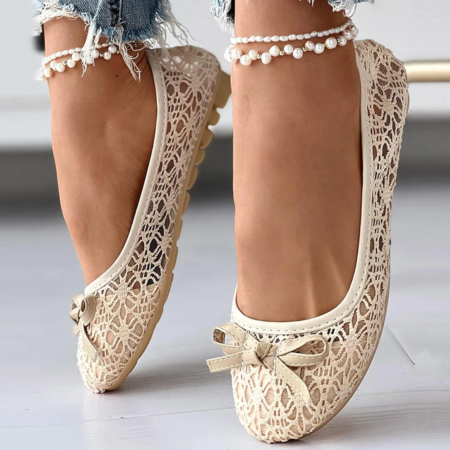 AMDBEL Ballet Flats Shoes for Women Dressy, Womens Flats Shoes Crochet Lace Mesh Round Toe Slip On Casual Ballet Dress Shoes
