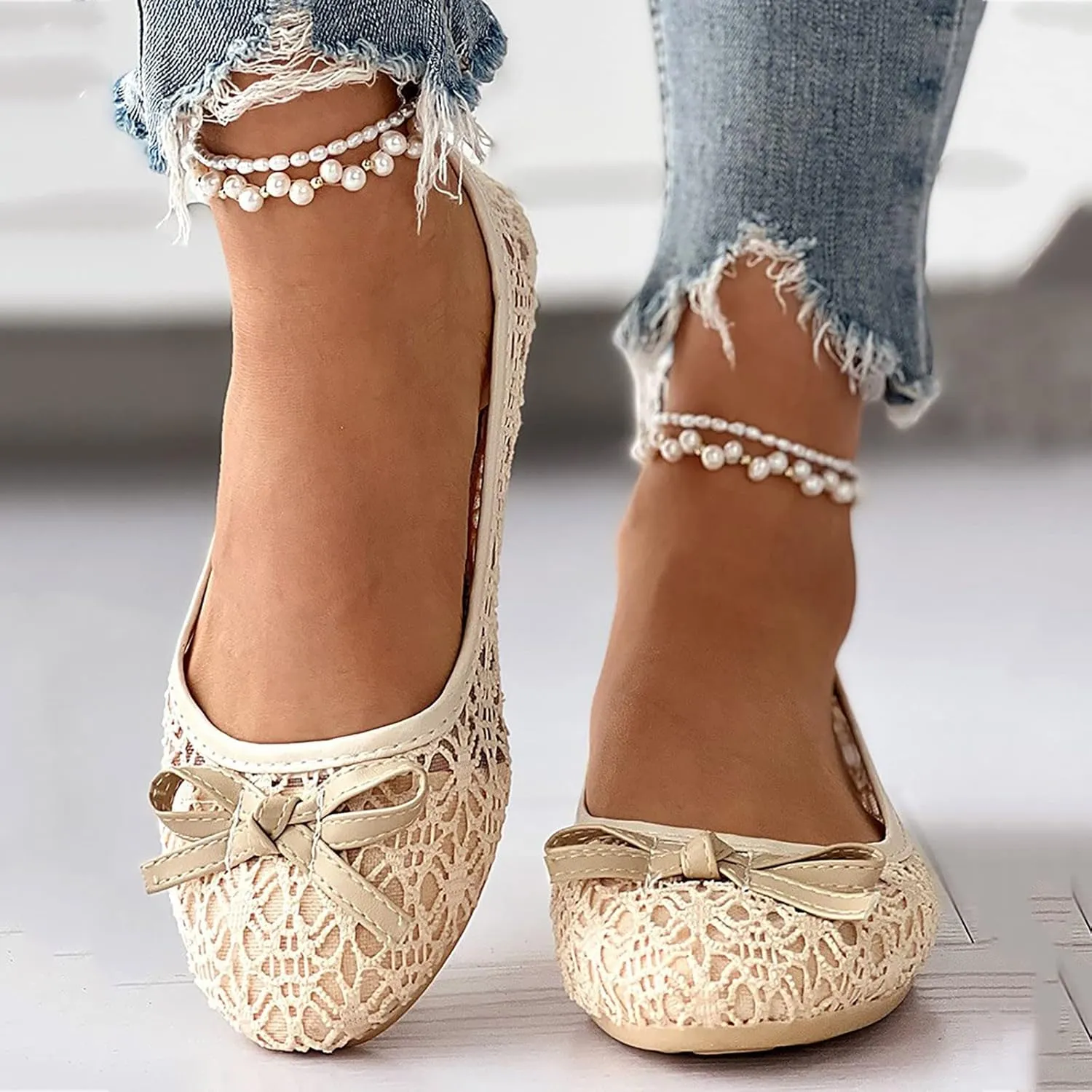 AMDBEL Ballet Flats Shoes for Women Dressy, Womens Flats Shoes Crochet Lace Mesh Round Toe Slip On Casual Ballet Dress Shoes