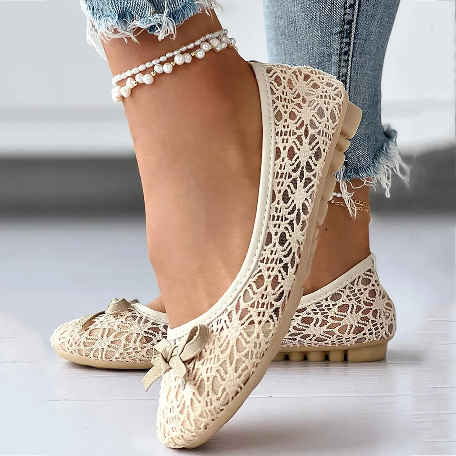 AMDBEL Ballet Flats Shoes for Women Dressy, Womens Flats Shoes Crochet Lace Mesh Round Toe Slip On Casual Ballet Dress Shoes