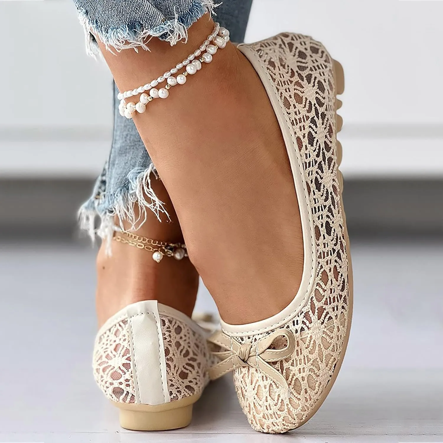 AMDBEL Ballet Flats Shoes for Women Dressy, Womens Flats Shoes Crochet Lace Mesh Round Toe Slip On Casual Ballet Dress Shoes