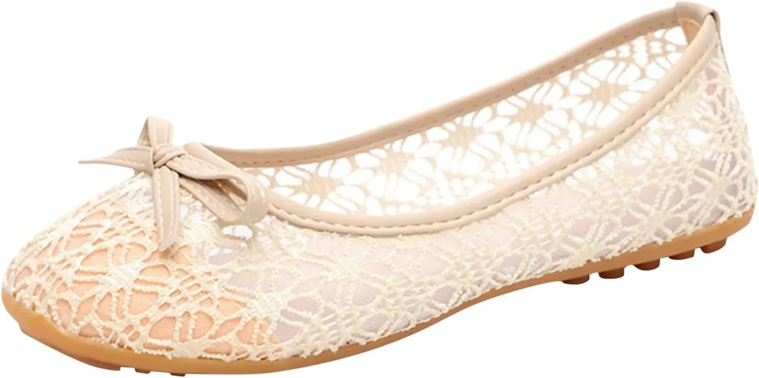 AMDBEL Ballet Flats Shoes for Women Dressy, Womens Flats Shoes Crochet Lace Mesh Round Toe Slip On Casual Ballet Dress Shoes