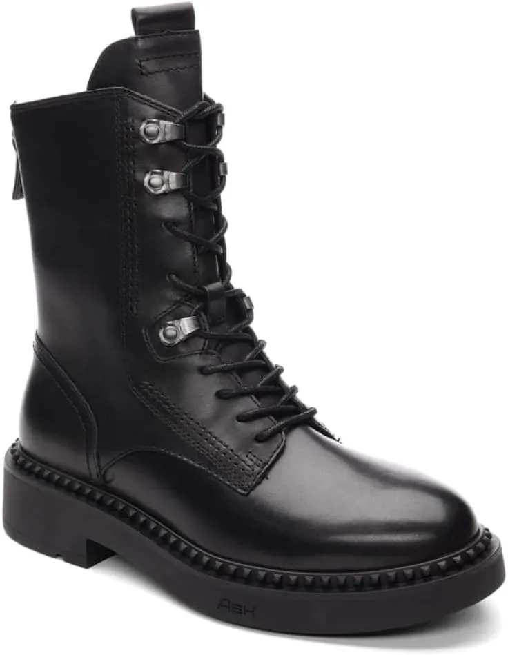 ASH Women's Marlow Black Leather Motorcycle Boots, Round Toe, Speed Lacing, Inside Zipper, Studded Trim Ankle