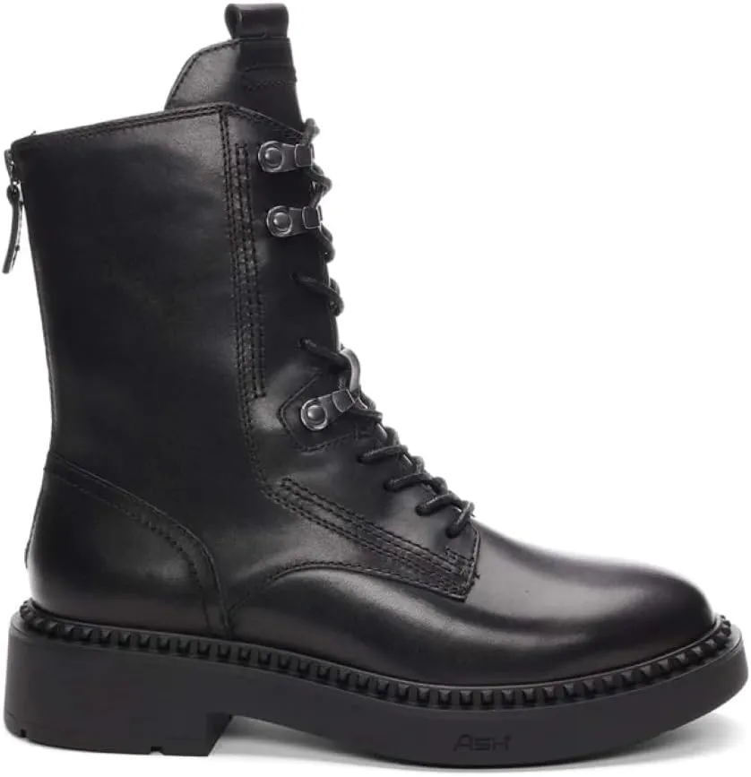 ASH Women's Marlow Black Leather Motorcycle Boots, Round Toe, Speed Lacing, Inside Zipper, Studded Trim Ankle