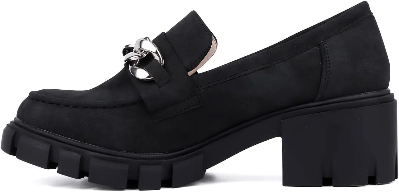 Bandkos Womens Slip On Penny Loafers Platform Chunky Loafer Lug Sole Suede Work Business Casual Dress Uniform Oxfords with Metal Chain
