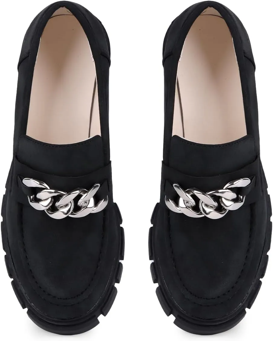 Bandkos Womens Slip On Penny Loafers Platform Chunky Loafer Lug Sole Suede Work Business Casual Dress Uniform Oxfords with Metal Chain