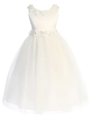 Big Girls Off-White Pearl Floral Applique Princess Ballgown Dress 8-14