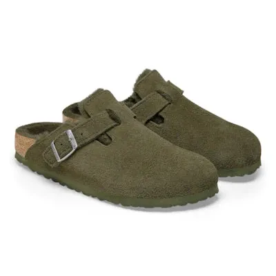 Birkenstock Women's Boston Suede Leather Shearing Clogs Thyme Brown